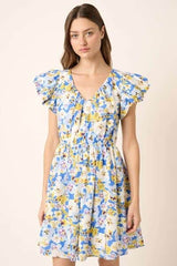 Mittoshop Floral V-Neck Cap Sleeve Mini Dress Blue / L