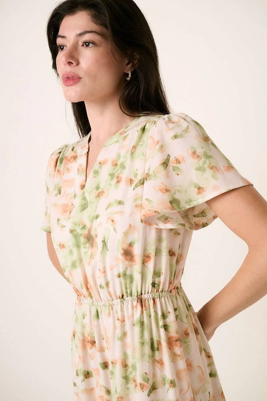 Mittoshop Flower Print Flutter Sleeve V Slit Maxi Dress