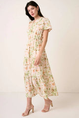 Mittoshop Flower Print Flutter Sleeve V Slit Maxi Dress