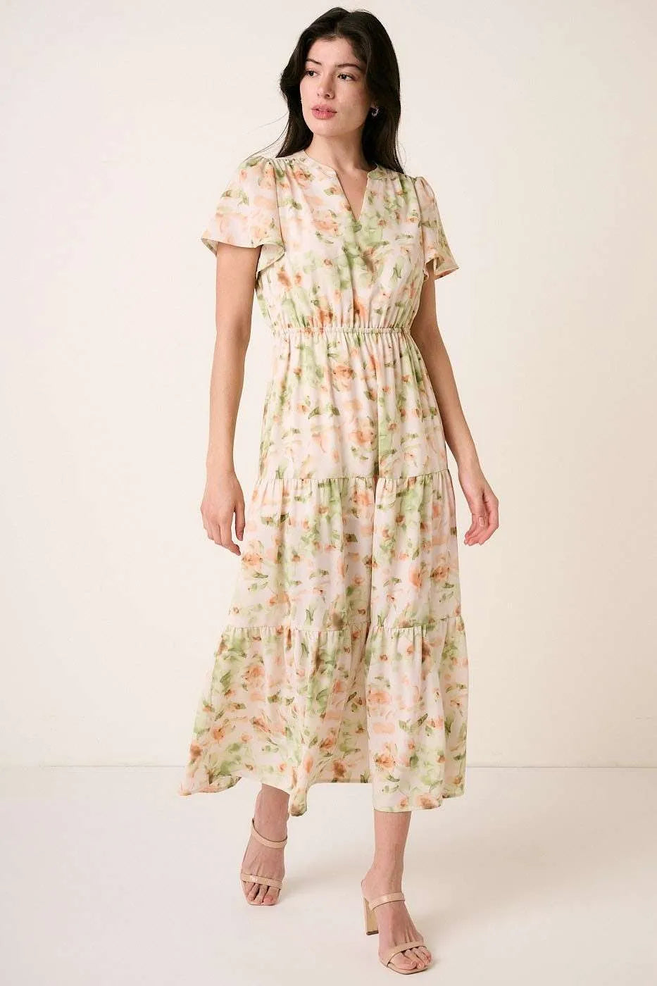 Mittoshop Flower Print Flutter Sleeve V Slit Maxi Dress SAGE / S