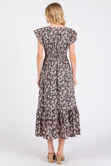 Mittoshop Flower Print Ruffle Cap Sleeve V-neck Midi Dress