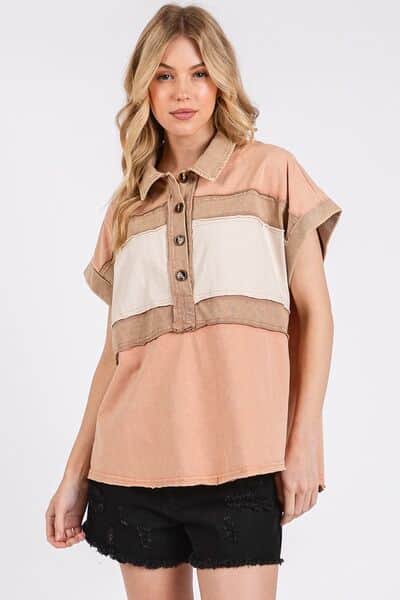 Mittoshop Mineral Washed Half Button Polo Top Apricot / S