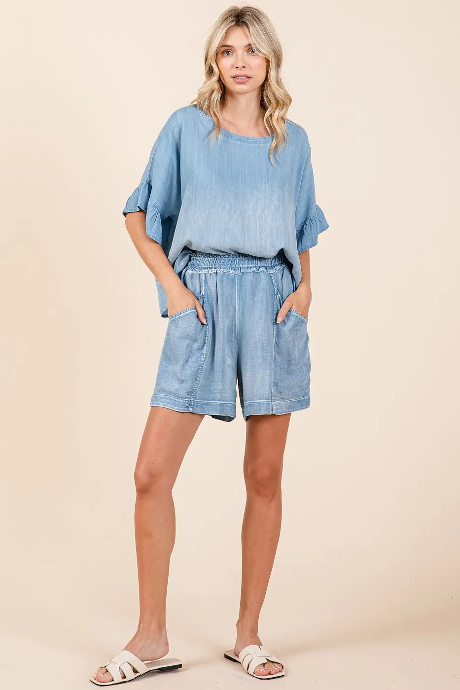 Mittoshop Washed Chambray Elastic Waist Easy Fit Shorts