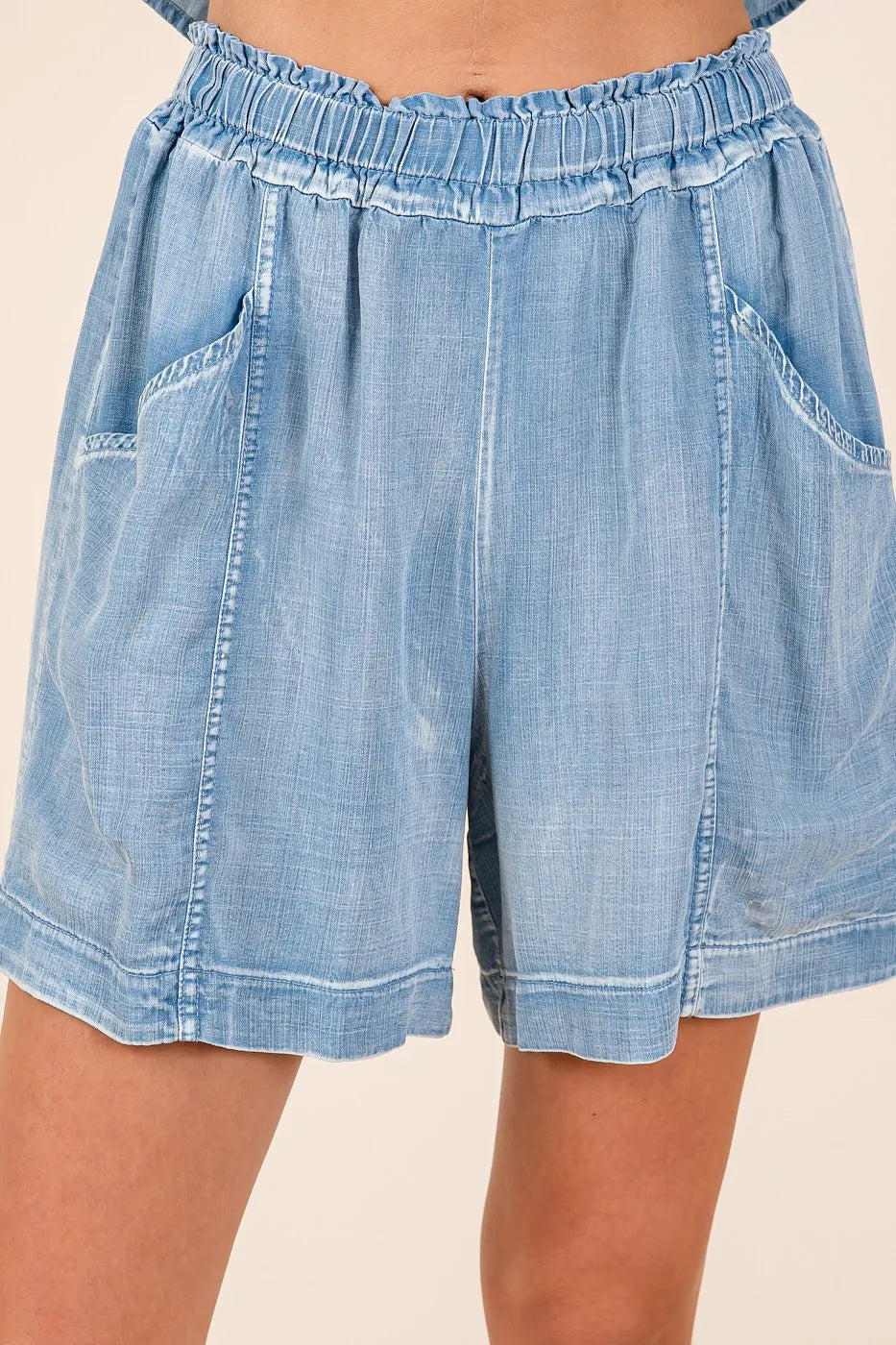 Mittoshop Washed Chambray Elastic Waist Easy Fit Shorts