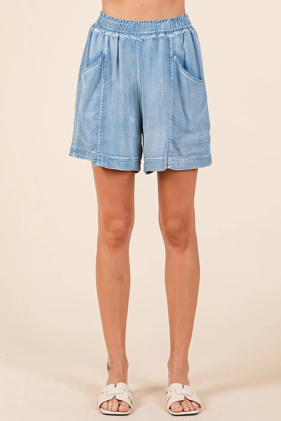 Mittoshop Washed Chambray Elastic Waist Easy Fit Shorts LT DENIM / S
