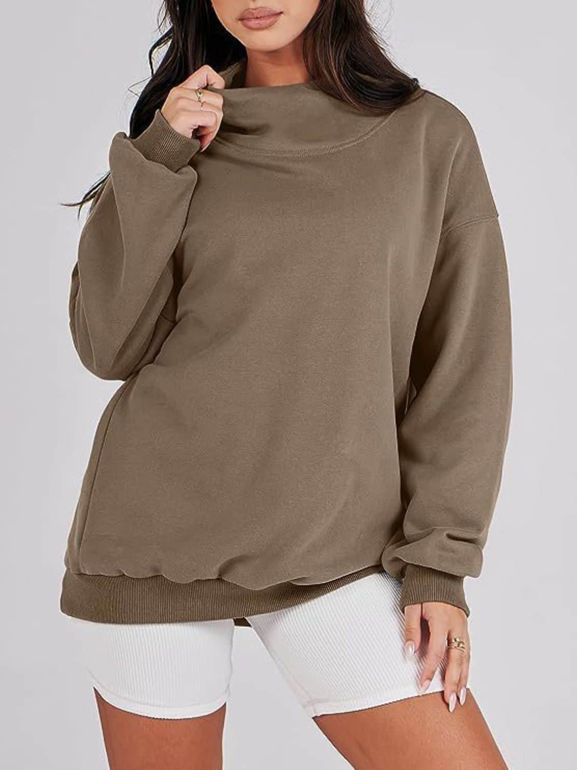 Mock Neck Drop Shoulder Long Sleeve Sweatshirt Taupe / S