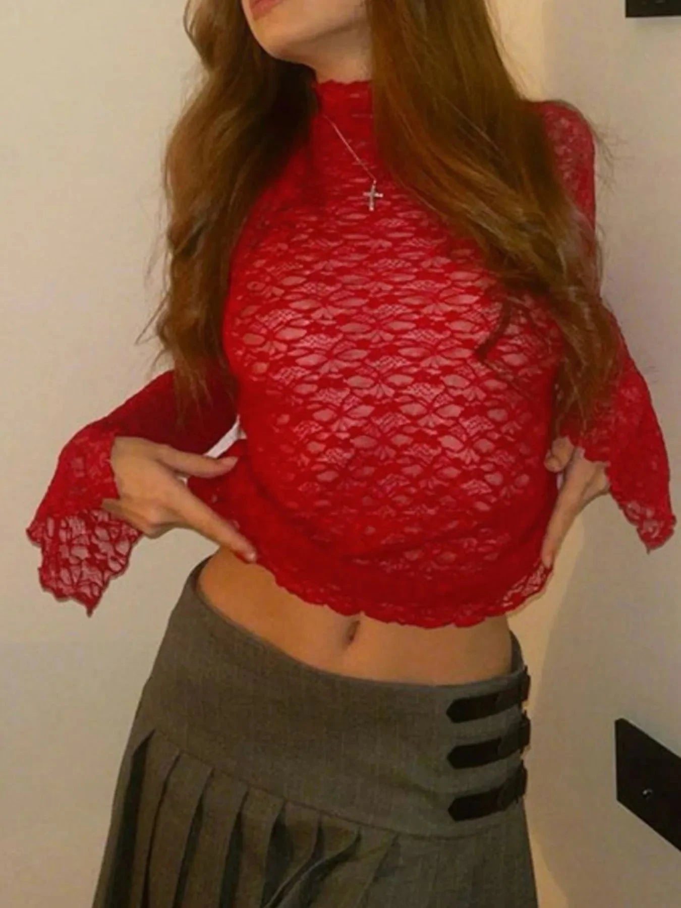 Mock Neck Lace Long Sleeve Mesh T-Shirt