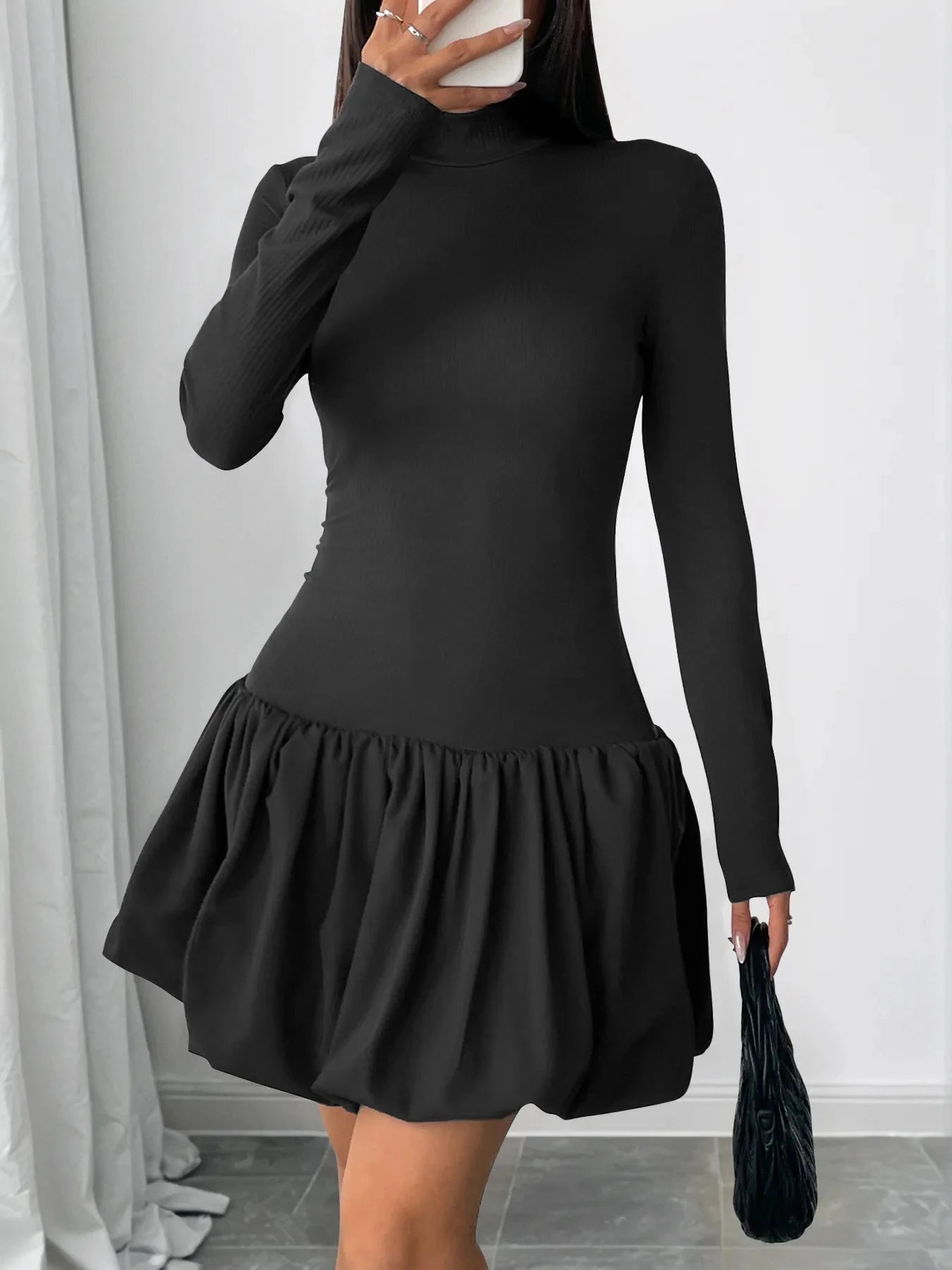 Mock Neck Long Sleeve Bubble Hem Dress