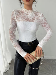 Mock Neck Long Sleeve Lace Top White / S