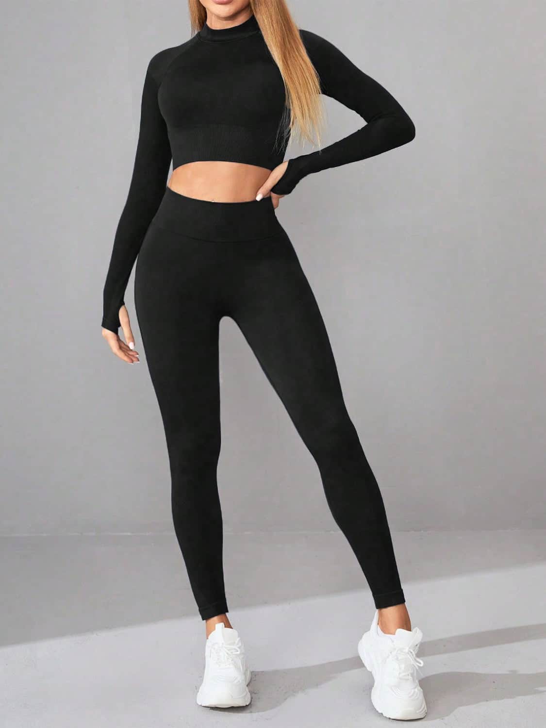 Mock Neck Long Sleeve Top and Leggings Active Set Black / S