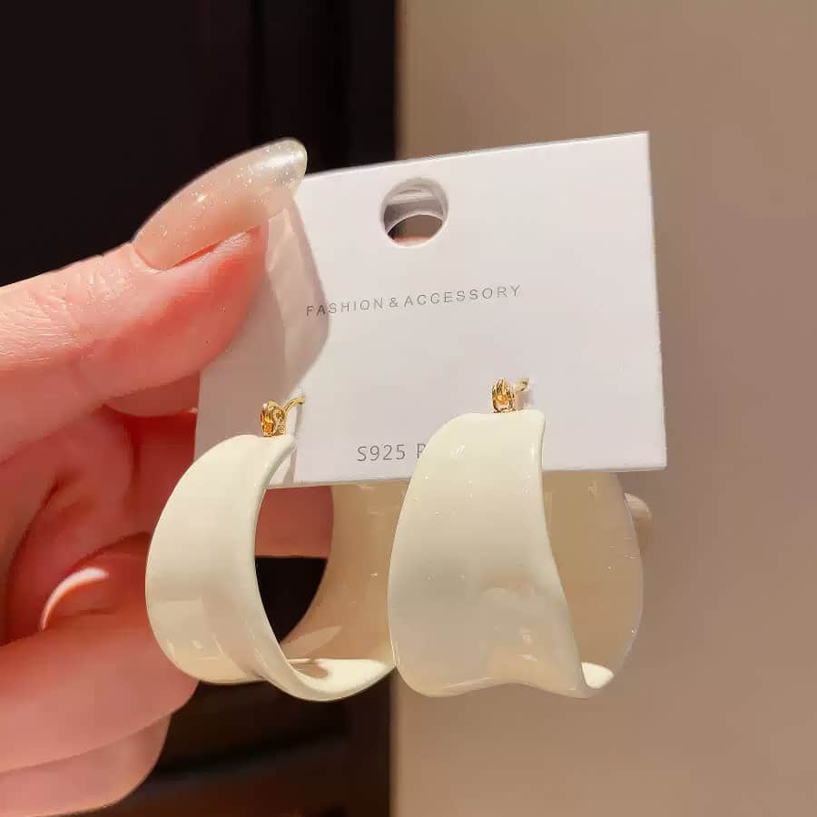 Modern Chunky Hoop Earrings with 925 Sterling Silver Posts Beige