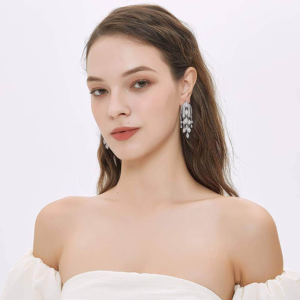 Modern Deco Chandelier Crystal Earrings Silver