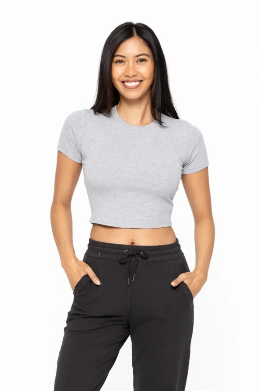 MONO B Essential Micro-ribbed Cropped Athleisure Tee HEATHER GREY / S