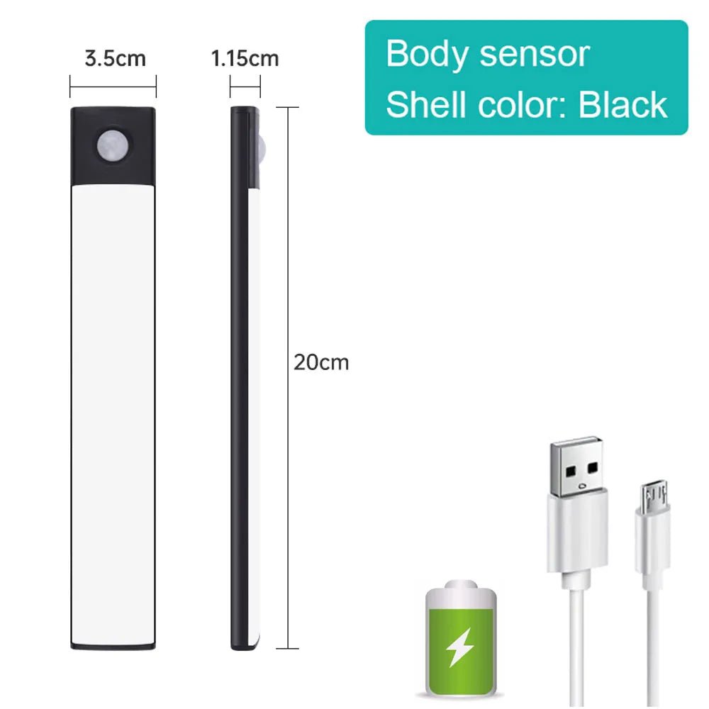 Motion Sensor Night Light - Wireless USB Under Cabinet Lamp for Bedroom, Wardrobe - 3 Colors in One 3 color in One Lamp / Black 20CM