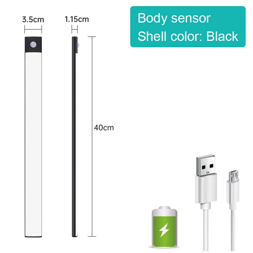Motion Sensor Night Light - Wireless USB Under Cabinet Lamp for Bedroom, Wardrobe - 3 Colors in One 3 color in One Lamp / Black 40CM