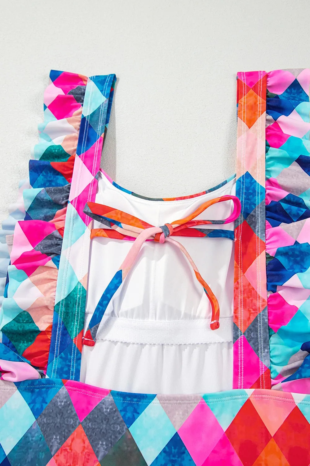 Multicolor Plaid Print Square Neck Frill Sleeveless Backless One-Piece Swimwear
