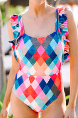 Multicolor Plaid Print Square Neck Frill Sleeveless Backless One-Piece Swimwear Multicolor / S