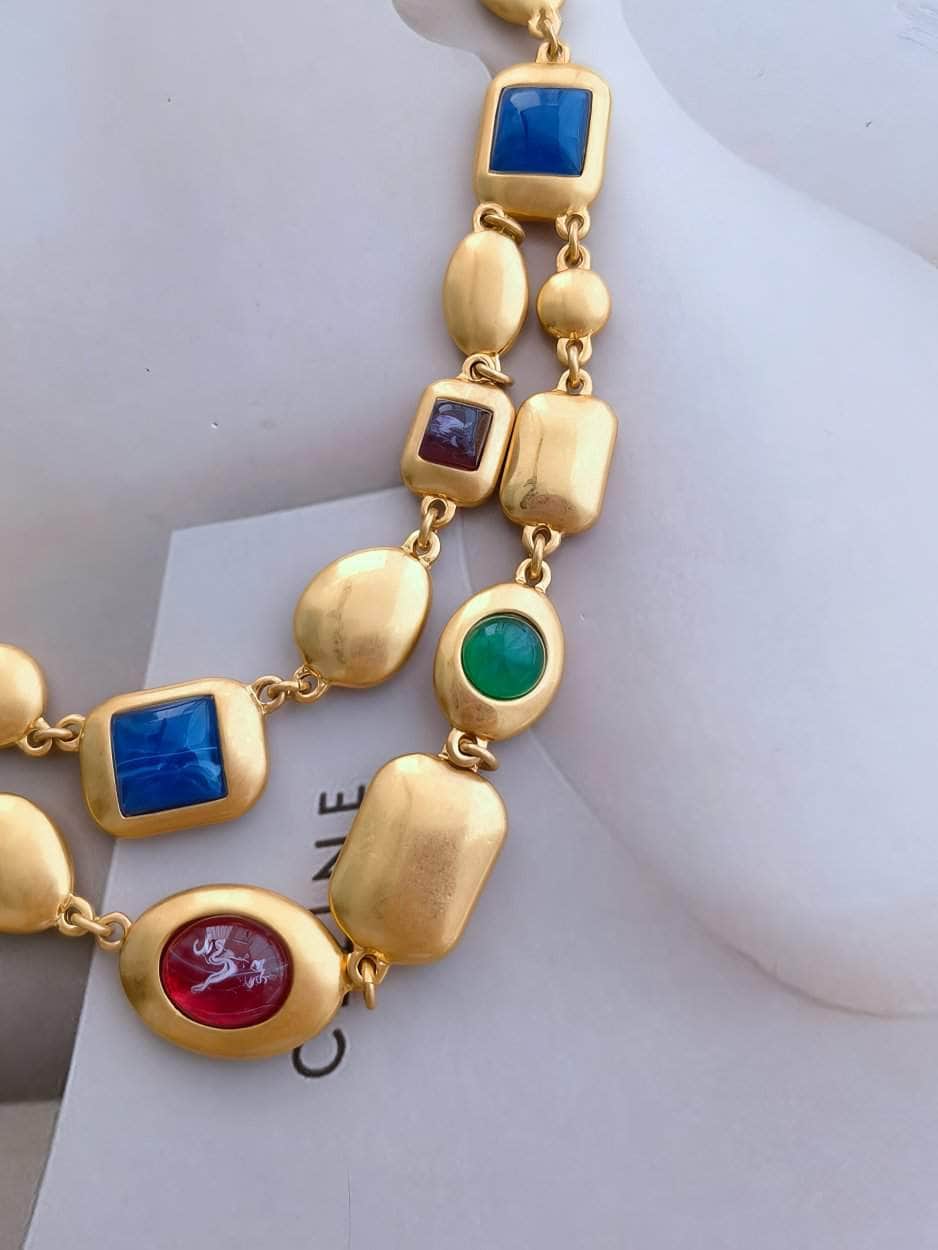 Multicolor Two-Row Statement Gold Necklace Gold / Necklace