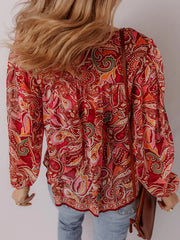 Multicolour Ethnic Paisley Print Tassel Tie Puff Sleeve Boho Blouse