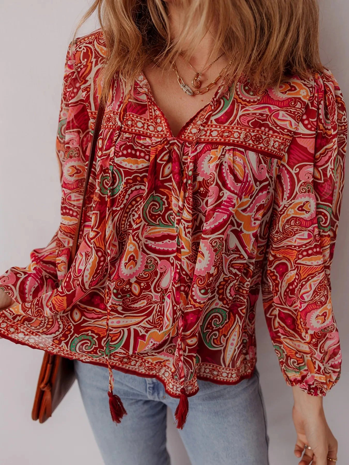 Multicolour Ethnic Paisley Print Tassel Tie Puff Sleeve Boho Blouse