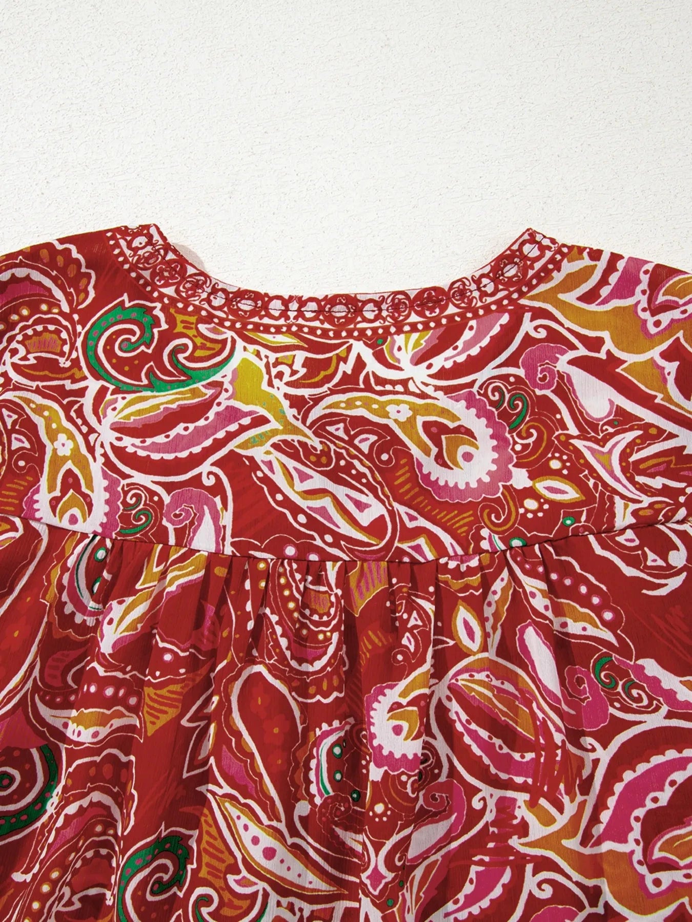 Multicolour Ethnic Paisley Print Tassel Tie Puff Sleeve Boho Blouse