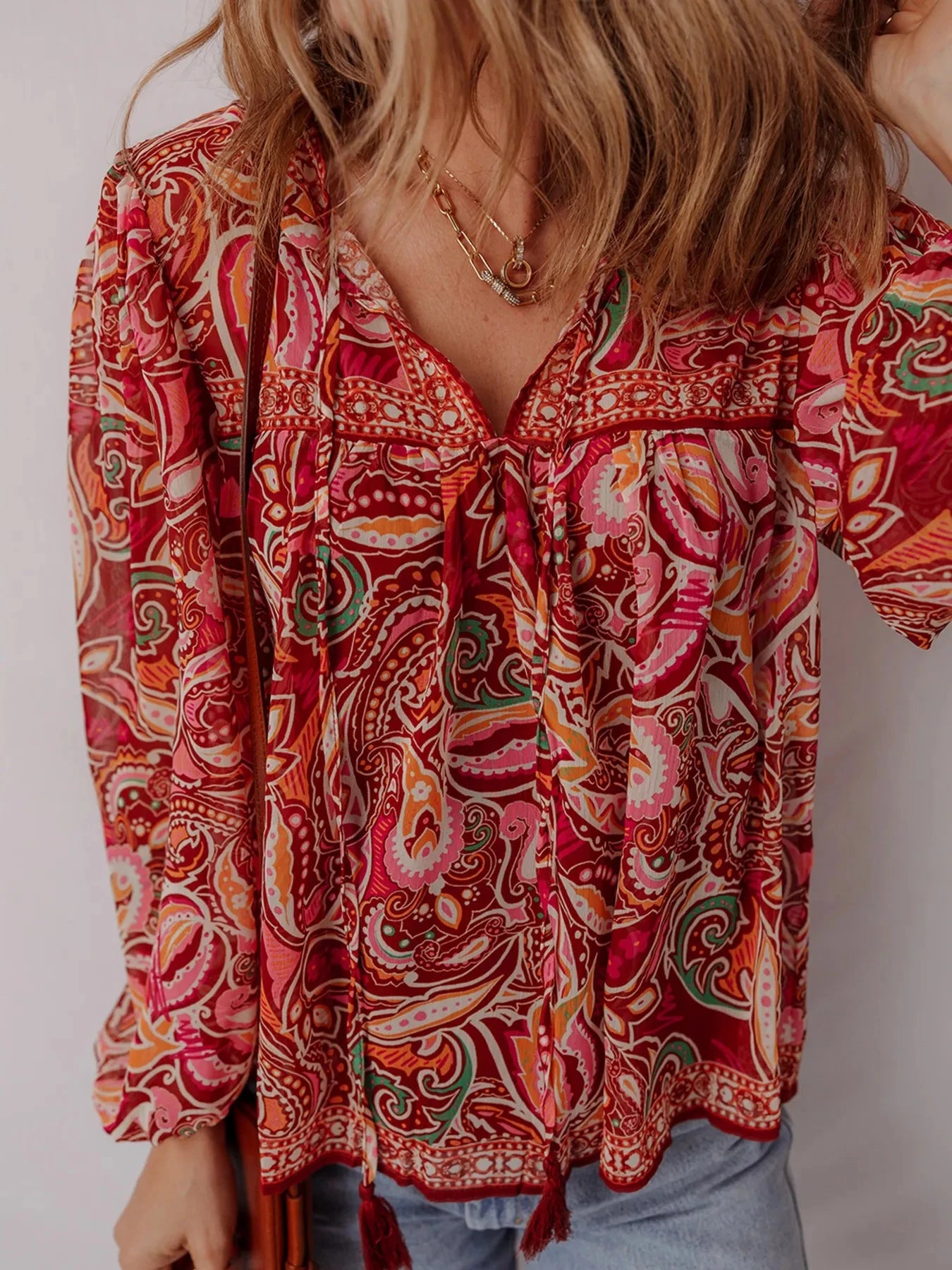 Multicolour Ethnic Paisley Print Tassel Tie Puff Sleeve Boho Blouse