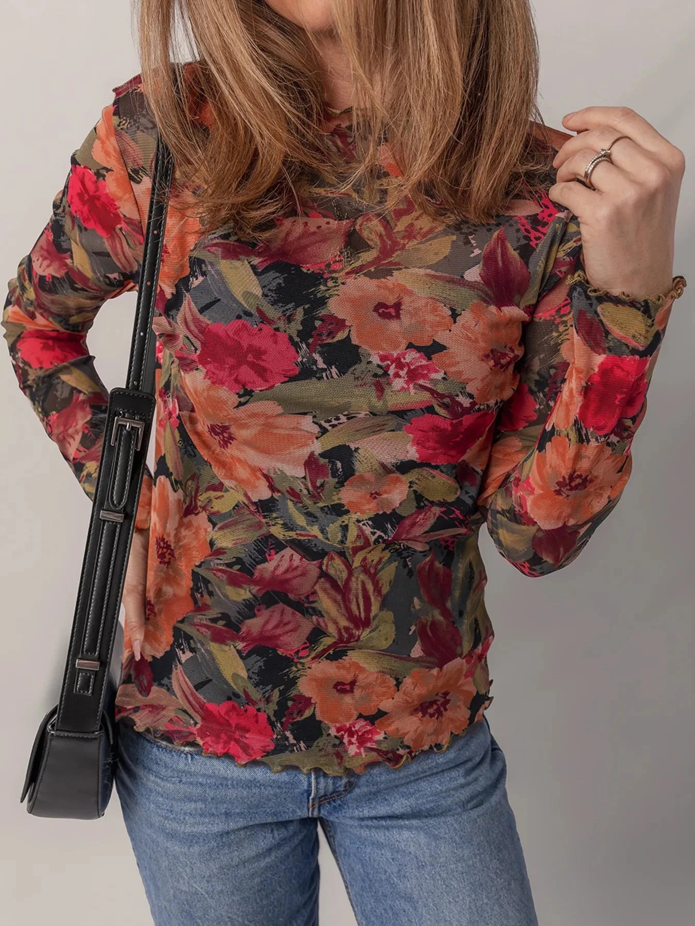 Multicolour Floral Print Lettuce Trim Long Sleeve Mesh Top