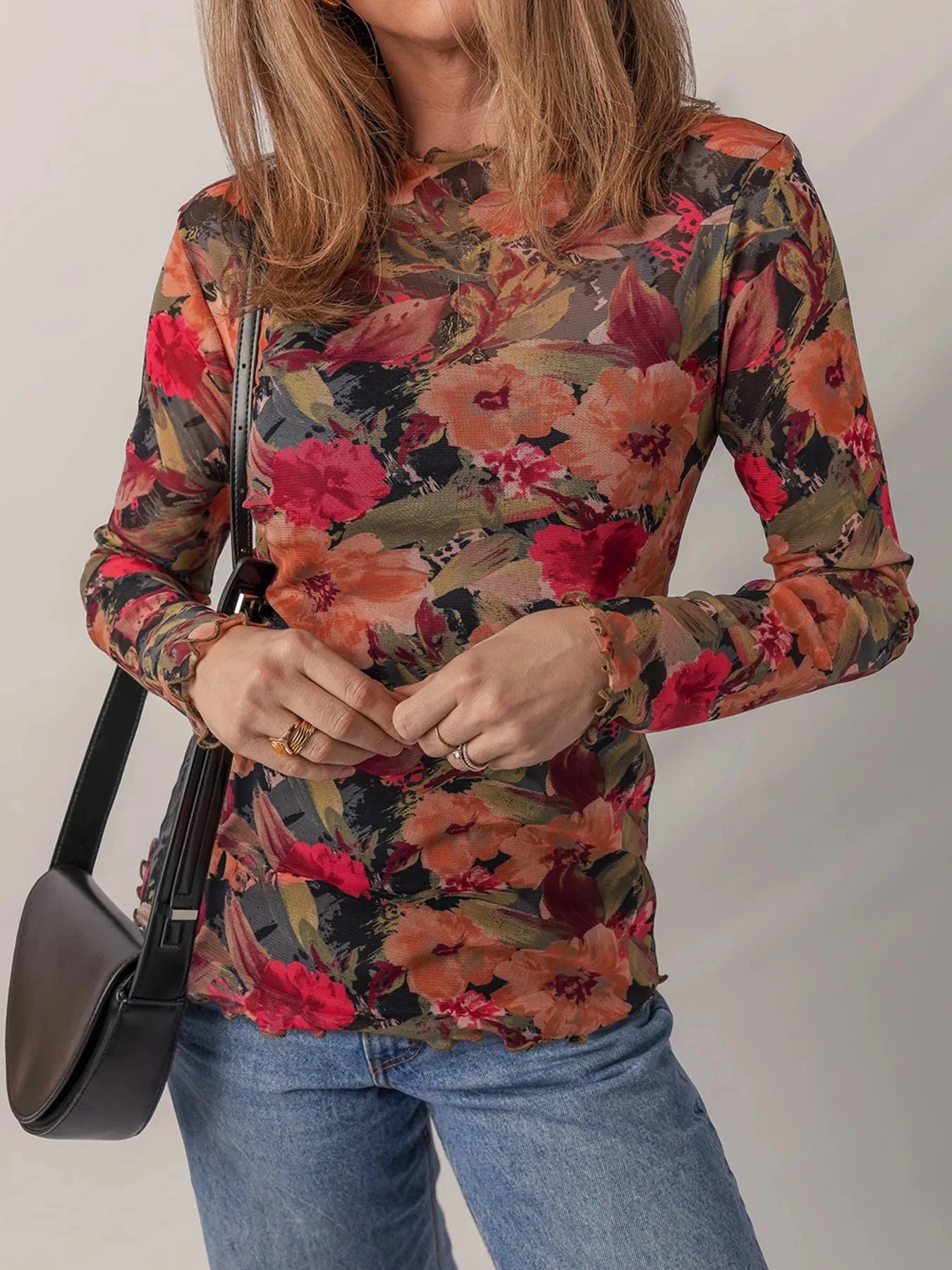 Multicolour Floral Print Lettuce Trim Long Sleeve Mesh Top