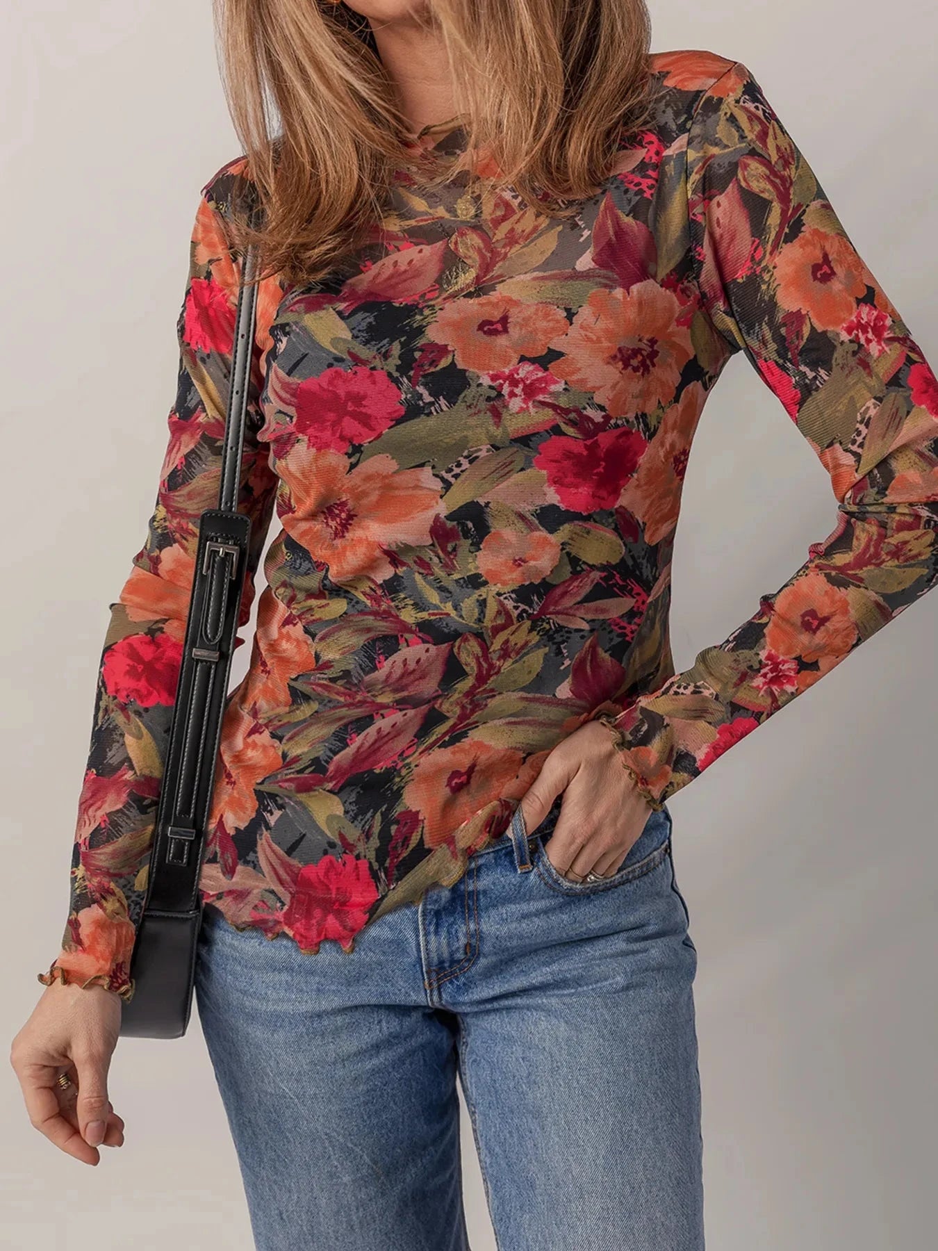 Multicolour Floral Print Lettuce Trim Long Sleeve Mesh Top