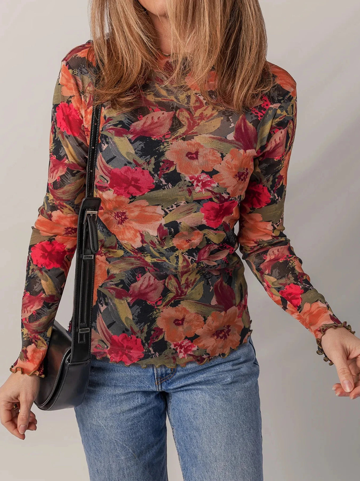 Multicolour Floral Print Lettuce Trim Long Sleeve Mesh Top Multicolour / S
