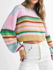 Multicolour Striped Knit Ribbed Trim Boxy Fit Cropped Sweater