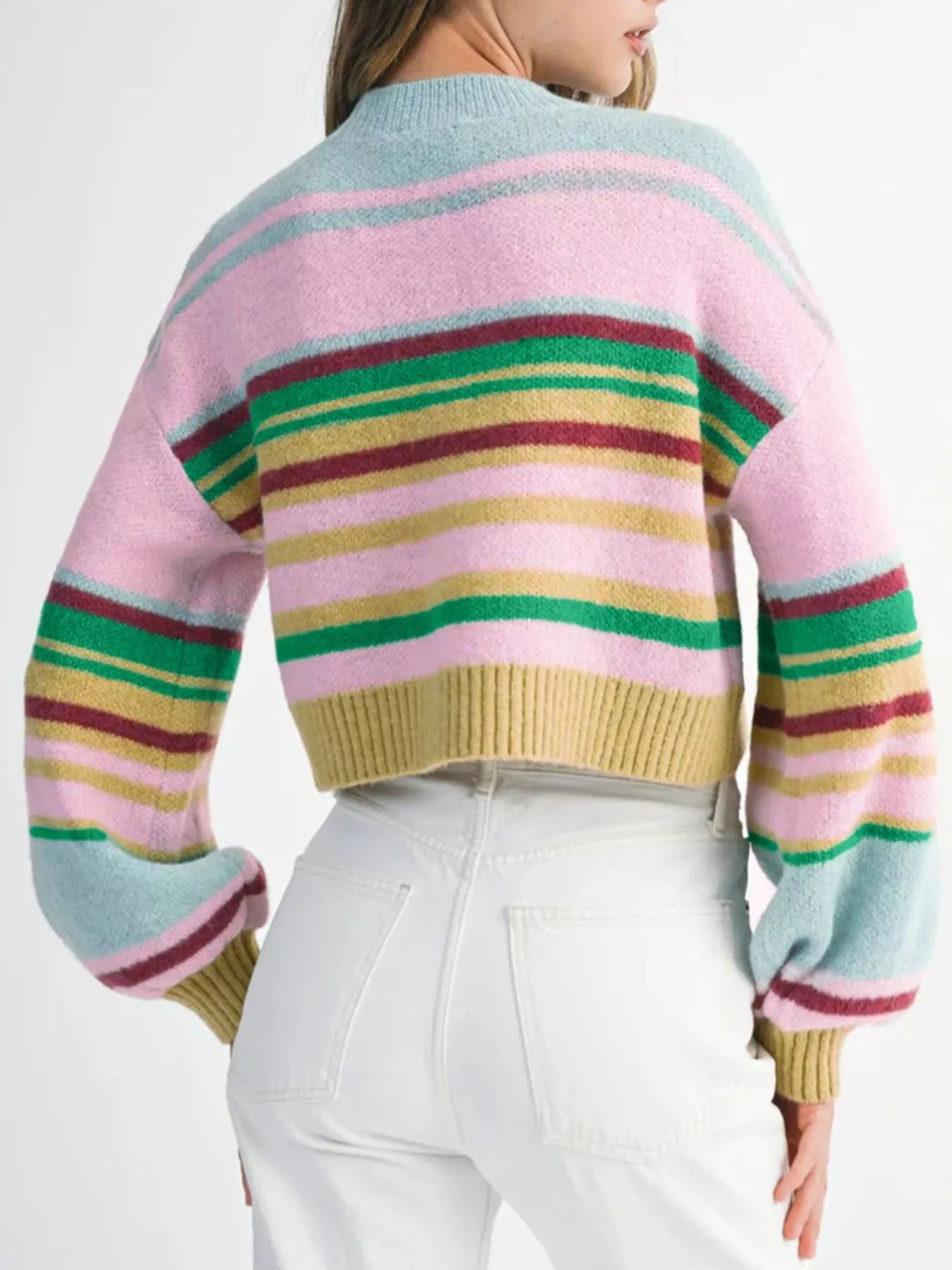 Multicolour Striped Knit Ribbed Trim Boxy Fit Cropped Sweater
