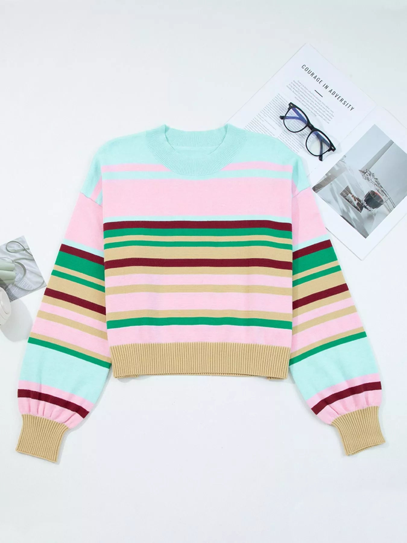 Multicolour Striped Knit Ribbed Trim Boxy Fit Cropped Sweater
