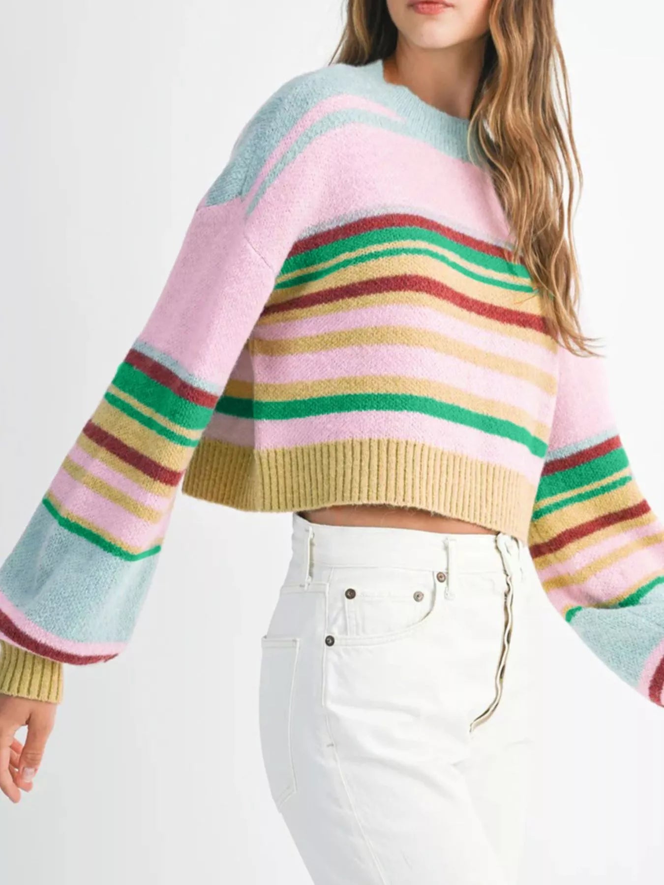 Multicolour Striped Knit Ribbed Trim Boxy Fit Cropped Sweater