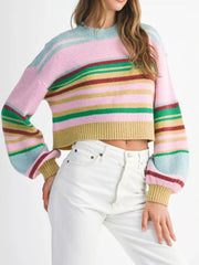 Multicolour Striped Knit Ribbed Trim Boxy Fit Cropped Sweater Multicolor / S