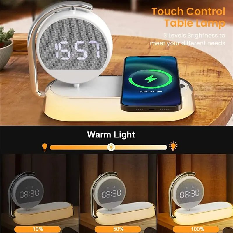 Multifunction Wireless Charger Stand: LED Desk Lamp, Clock, 15W Fast Charging White