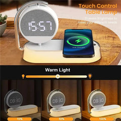 Multifunction Wireless Charger Stand: LED Desk Lamp, Clock, 15W Fast Charging White