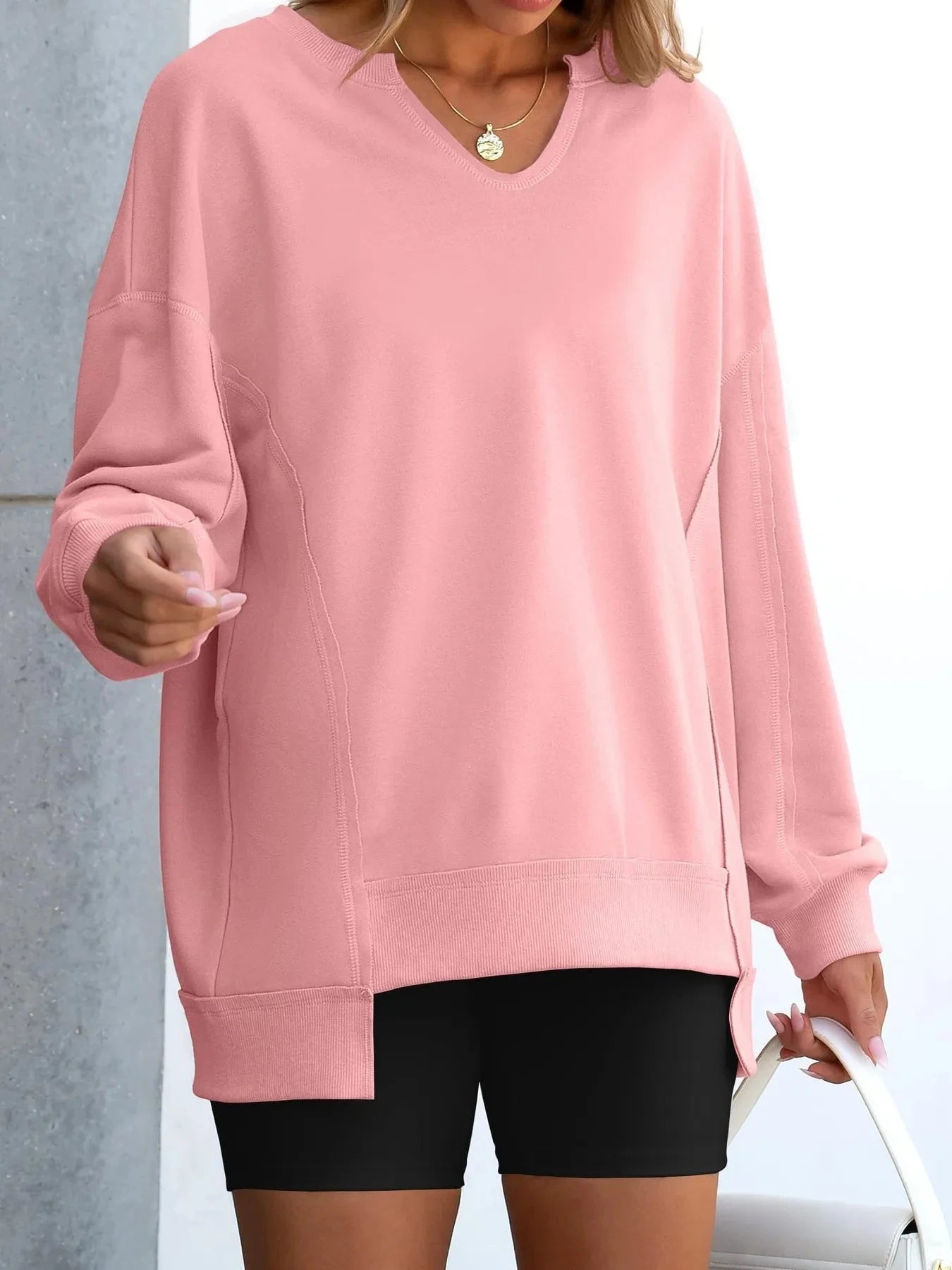 Notched Long Sleeve Oversized Sweatshirt