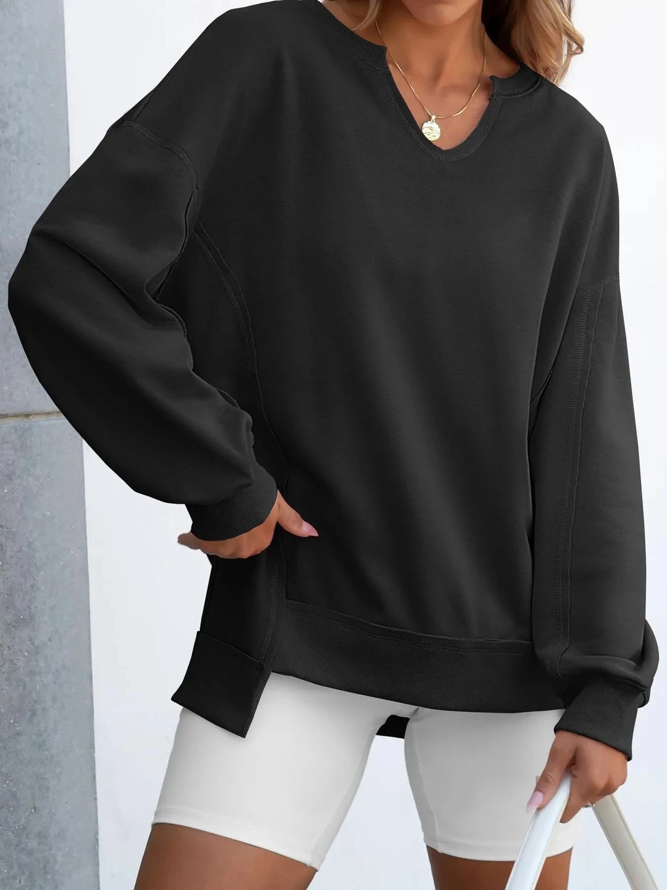 Notched Long Sleeve Oversized Sweatshirt