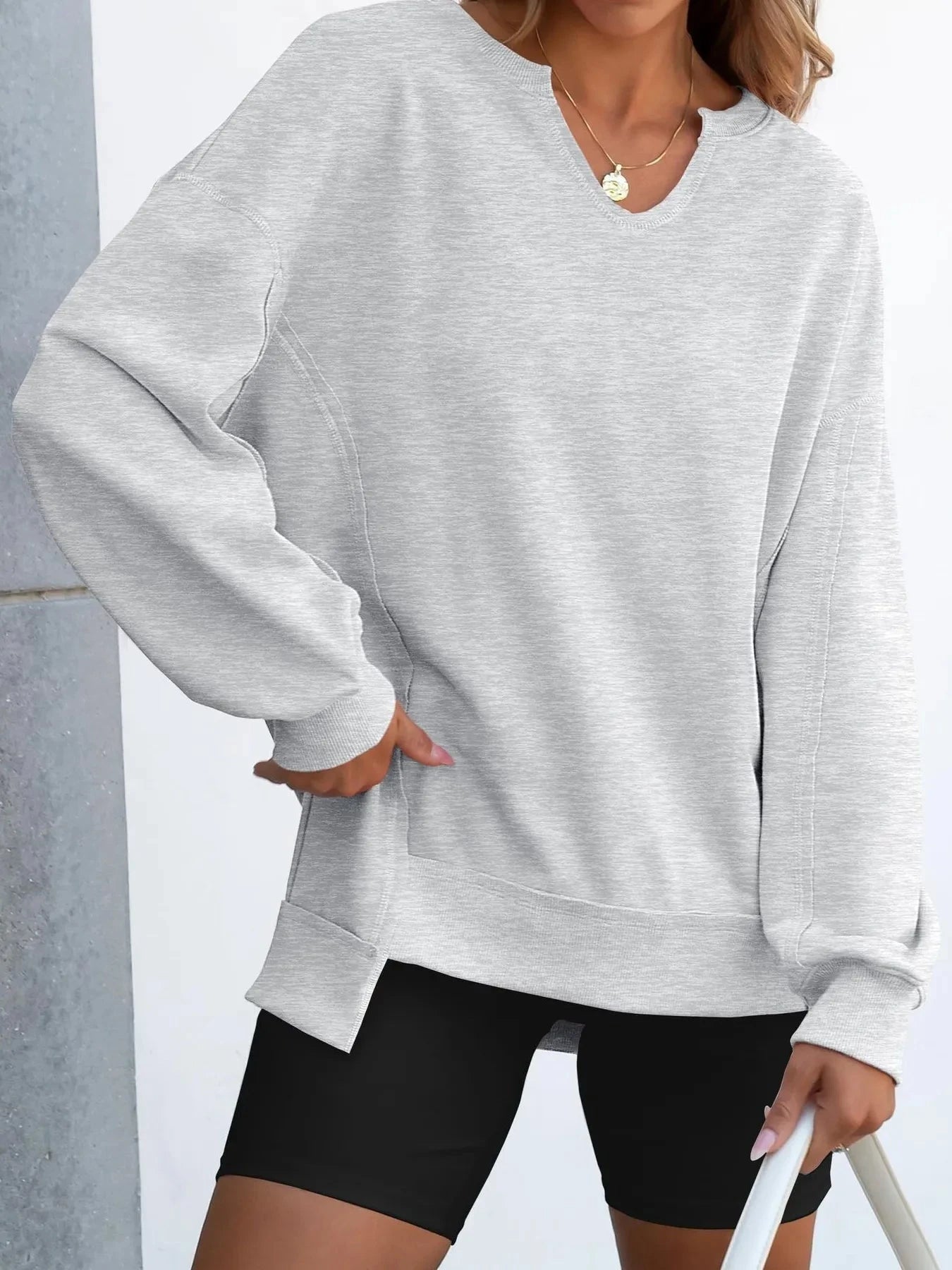 Notched Long Sleeve Oversized Sweatshirt