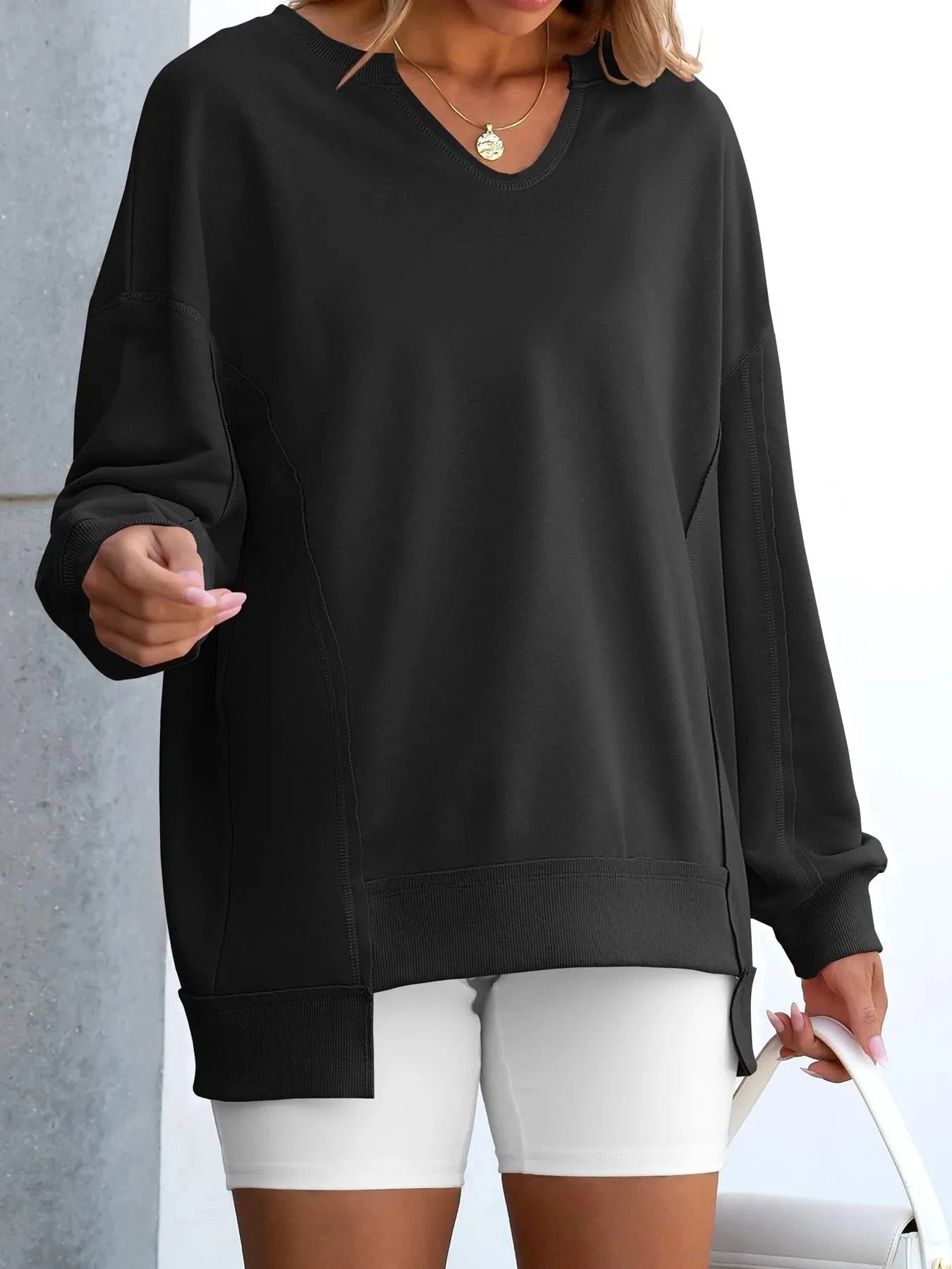 Notched Long Sleeve Oversized Sweatshirt