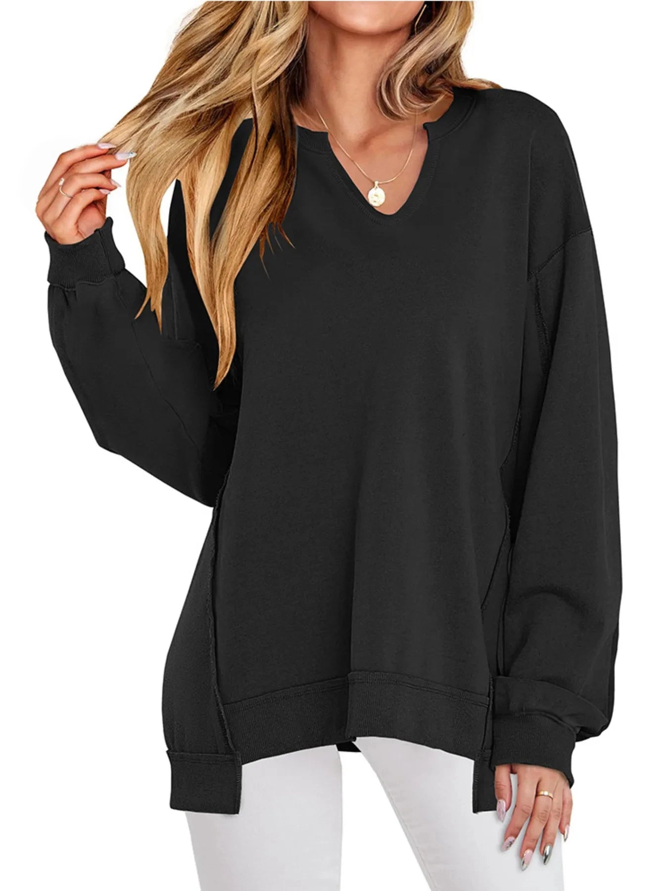 Notched Long Sleeve Oversized Sweatshirt Black / S
