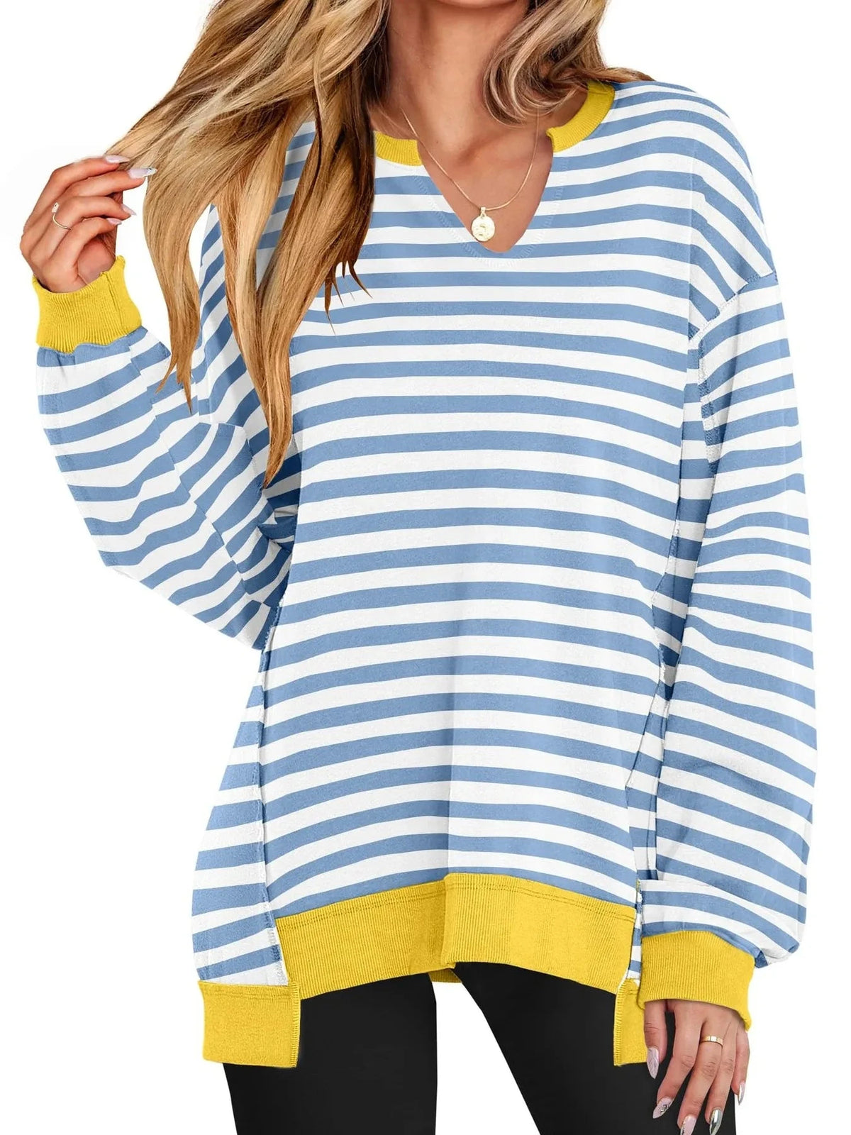 Notched Long Sleeve Oversized Sweatshirt Light Blue Stripes / S