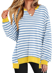 Notched Long Sleeve Oversized Sweatshirt Light Blue Stripes / S