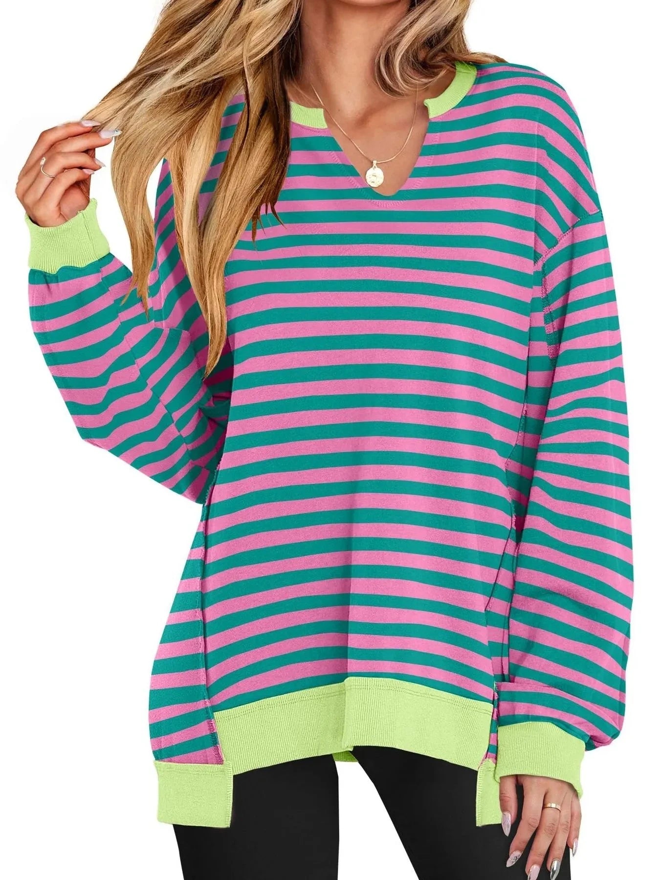 Notched Long Sleeve Oversized Sweatshirt Rose Stripes / S