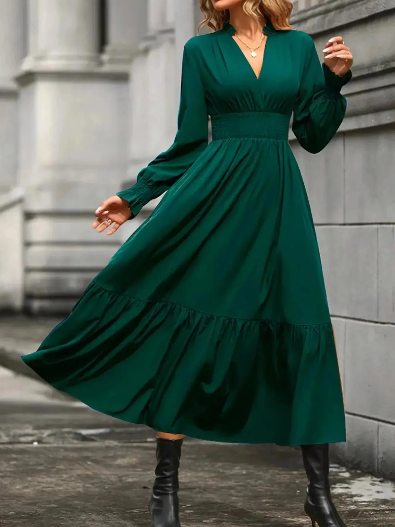 Notched Long Sleeve Tiered Dress