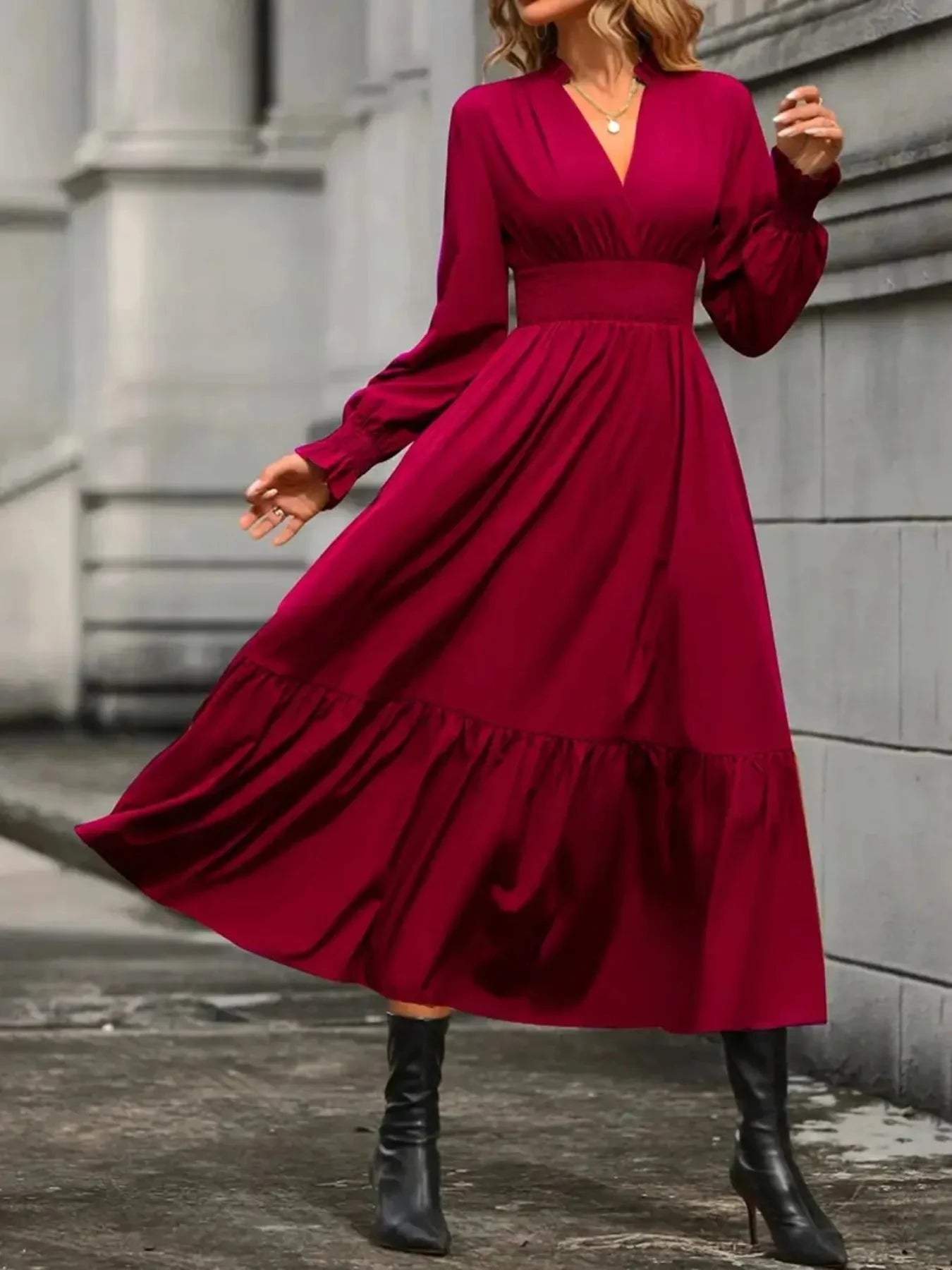 Notched Long Sleeve Tiered Dress