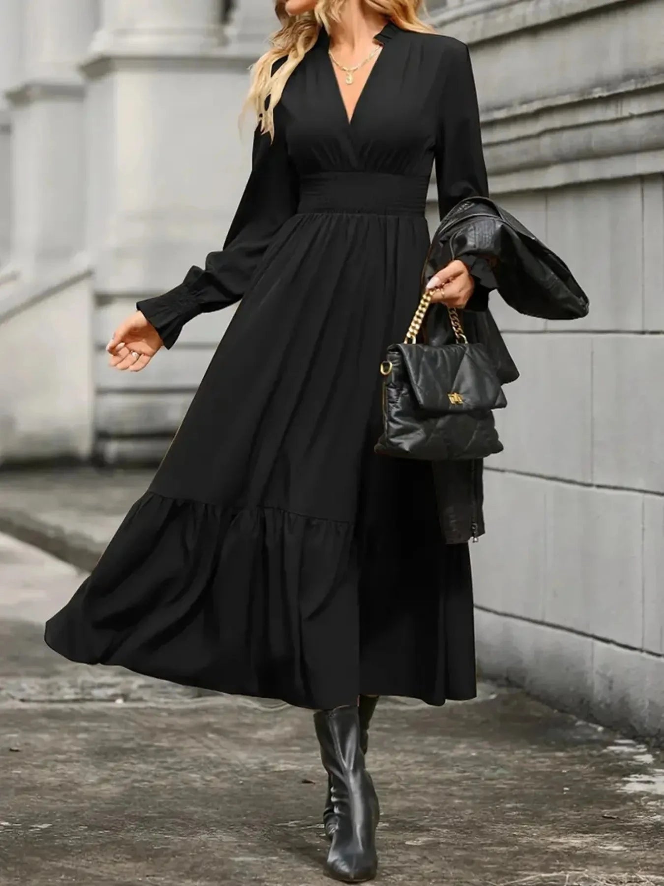 Notched Long Sleeve Tiered Dress