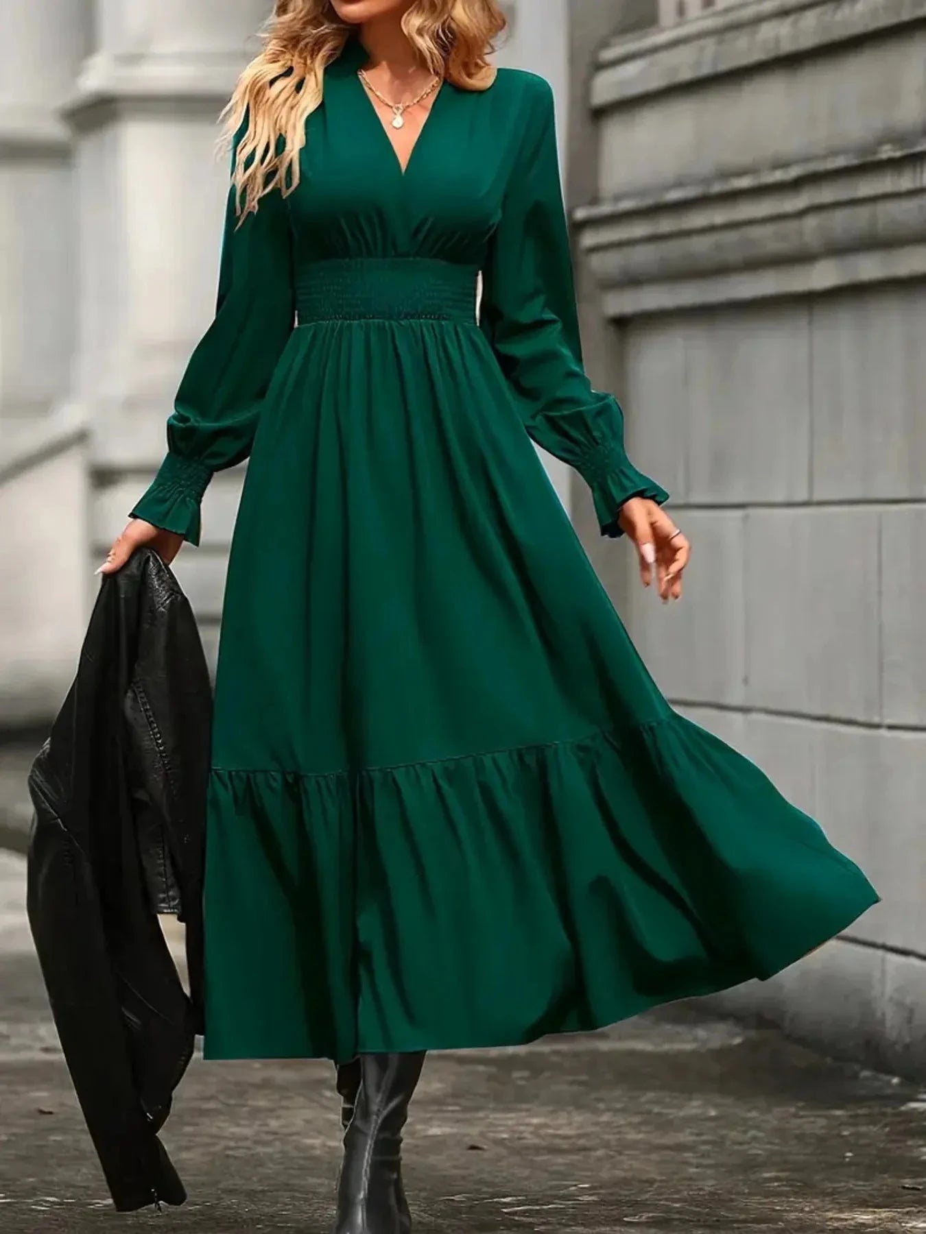 Notched Long Sleeve Tiered Dress