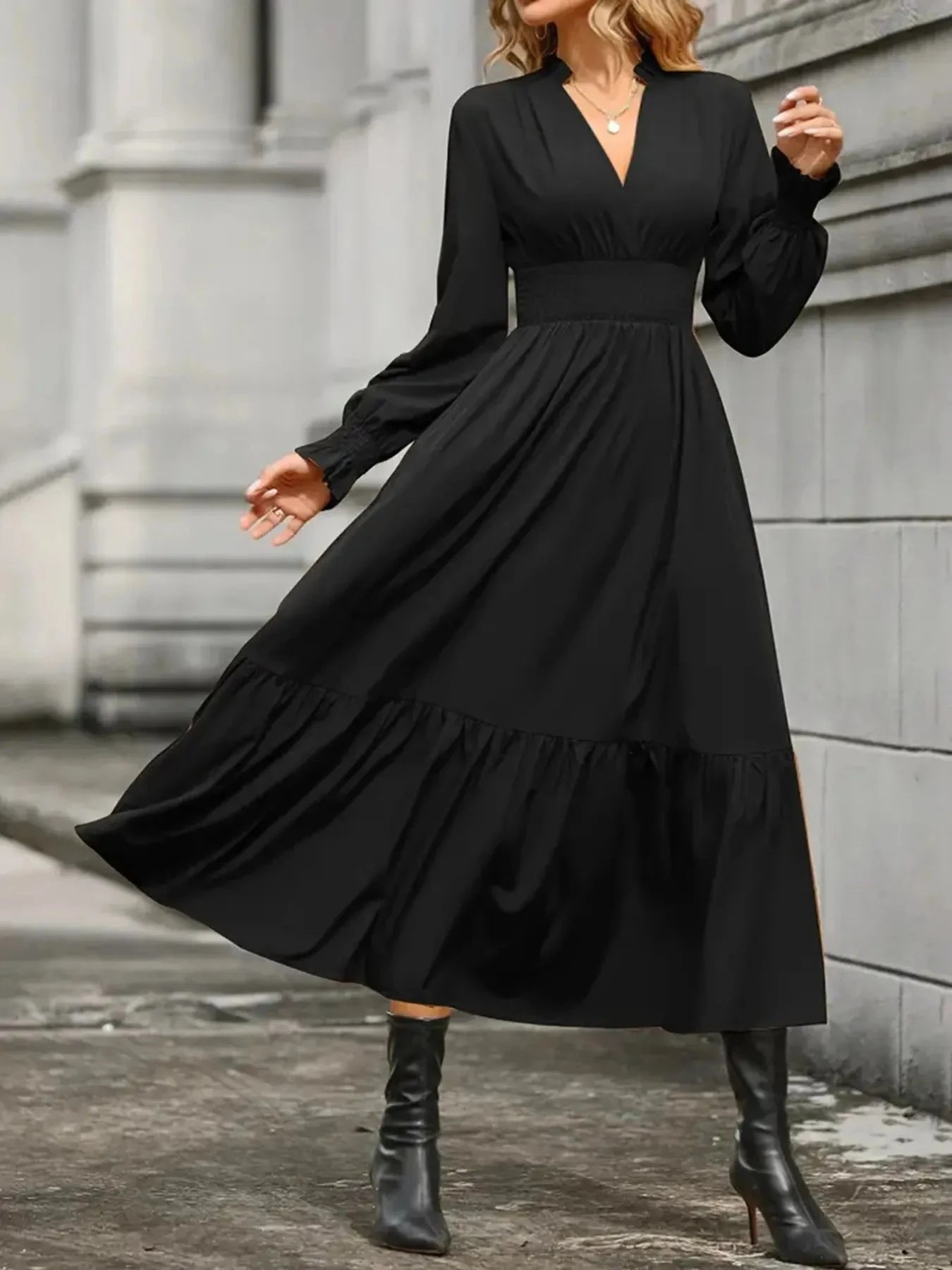 Notched Long Sleeve Tiered Dress